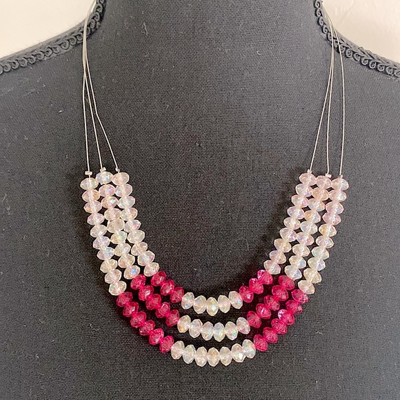 Silver “Invisible” Necklace With White And Hot Pink Beads - Picture 6 of 16